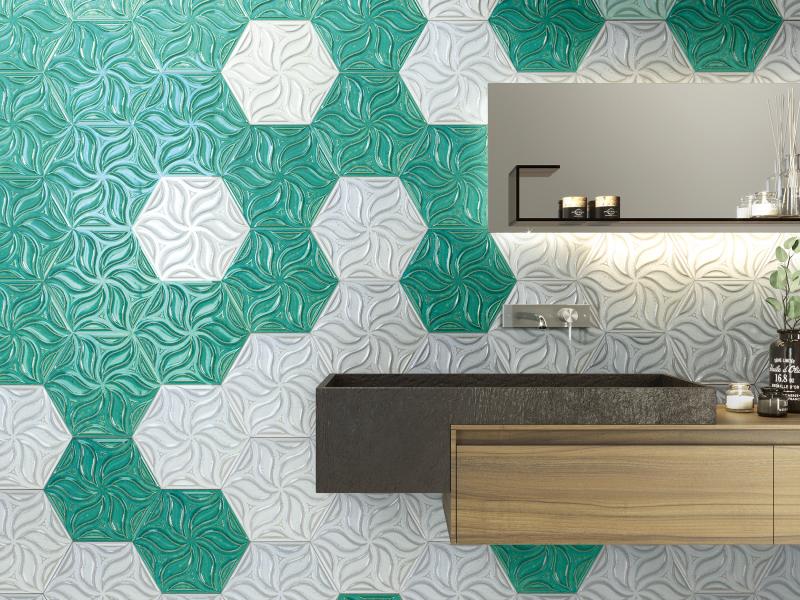 Realonda Ivy relief tile in teal and mist