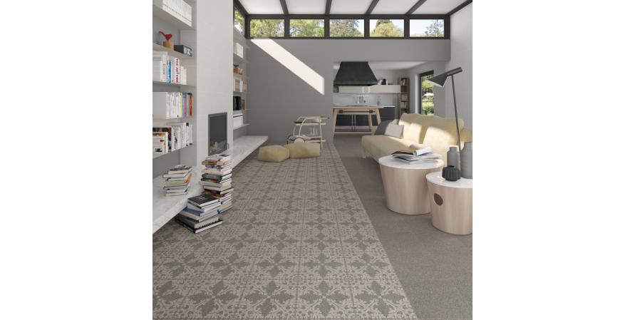 Vives cement look tile in a matte finish and deco print tiles