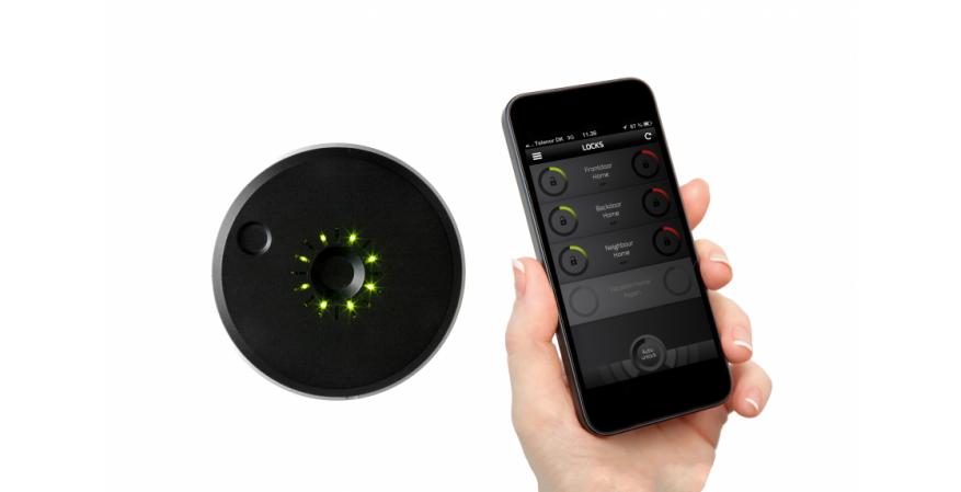 Danalock V2 permits smartphone entry and remote control. Compatible with Z-Wave, Nest, Harmony, and Zigbee, it features a sensor that identifies the dead bolt as locked or open, alerts parents when children leave or arrive home, and searches for homeowners when they are within 100 to 200 yards. 
