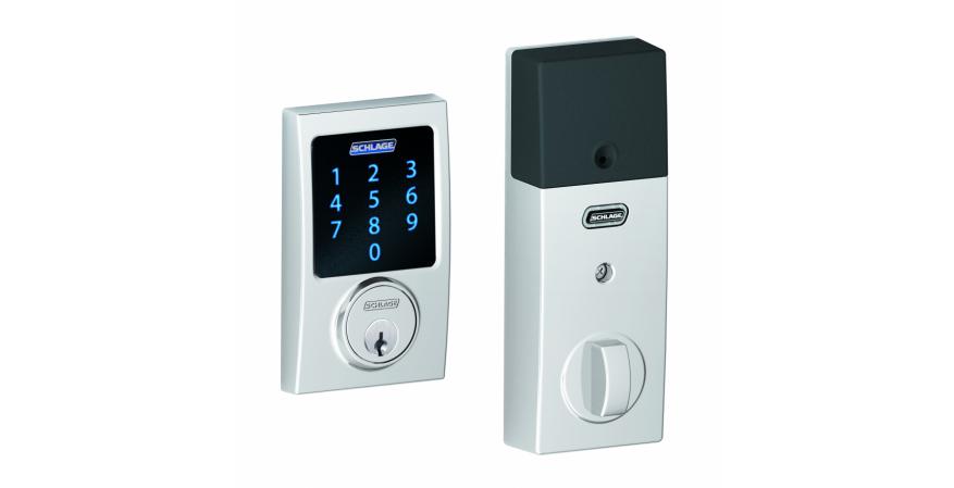 The Connect touchscreen dead bolt features an anti-pick shield to protect against lock tampering, a motorized bolt that automatically locks and unlocks when a code is entered, and a built-in alarm that senses movement of the door and alerts homeowners. It holds up to 30 user codes and connects via computer, tablet, or smartphone.
