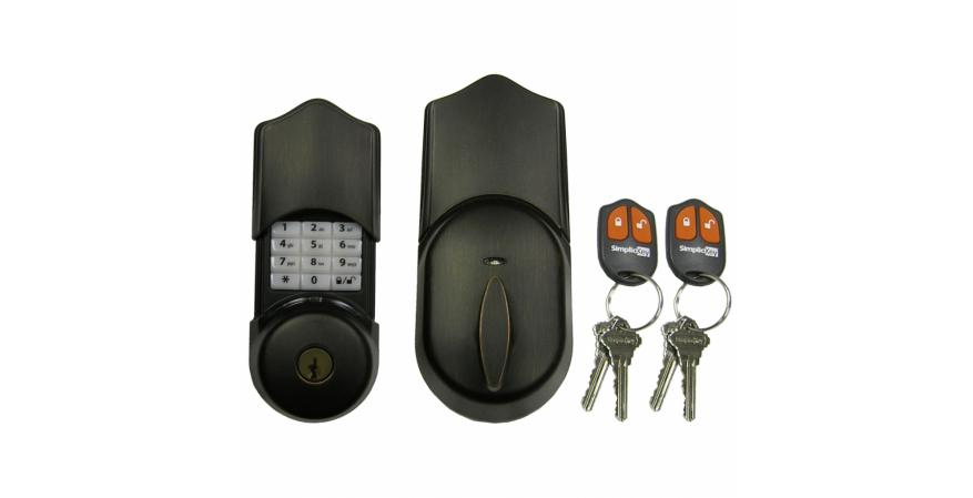 Featuring a remote control key fob, SimpliciKey is an electronic dead bolt that gives homeowners three ways to lock/unlock their home. It features a bump-resistant six-pin keyway, a key fob with a 50-foot range, a keypad that accommodates up to 16 user codes, and a 1-inch bolt extension. It comes in three finishes.