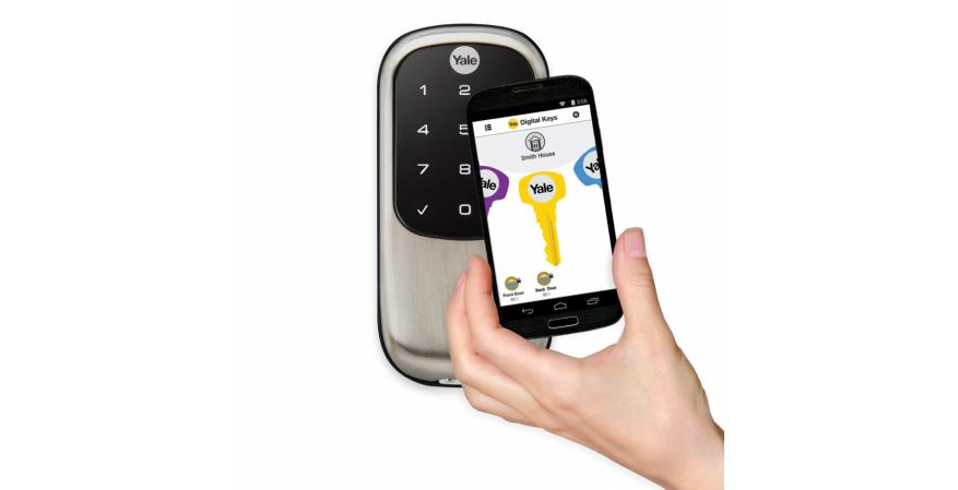 Assure is a Bluetooth-enabled product that is operated with an iOS or Android mobile app and Samsung’s newest smart watch. Users may share or revoke eKeys, manage when each user can access the lock, and receive notifications when a key is accepted or used. It holds up to 12 entry codes and can be integrated with new or existing home automation systems.