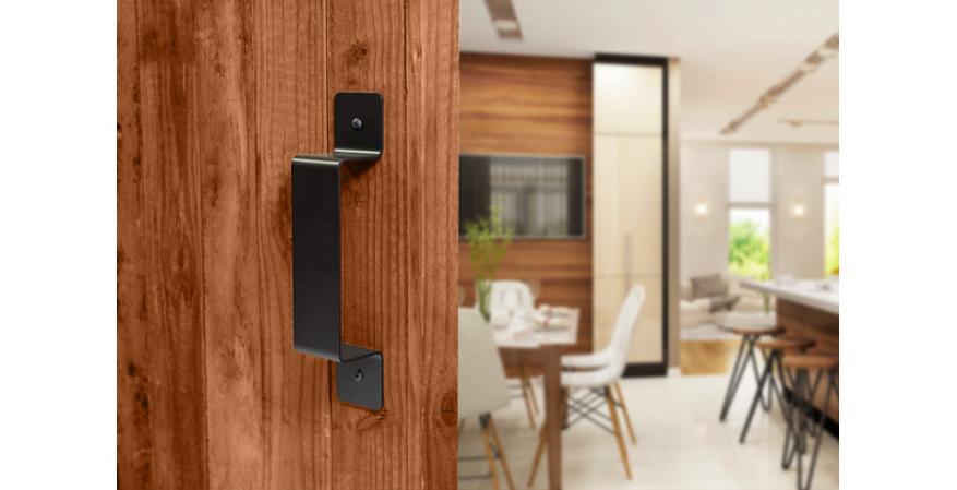  Federal Brace Black Rustic flat Door Handle on Wood Door