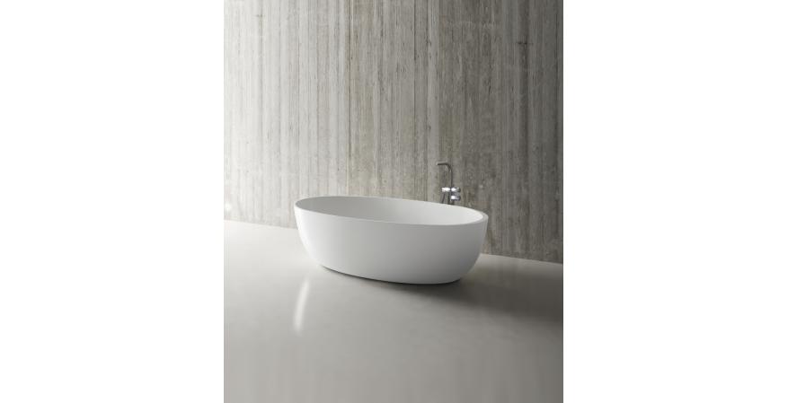 Offered in matte or gloss white, Blu Bathworks’ Halo is an ovoid freestanding tub measuring 67 inches by 31-1/2 inches. Fabricated from blu•stone, an engineered quartzite material, it has a sloped back and an 82.5-gallon capacity. A 59-inch-long Petite model is also available.