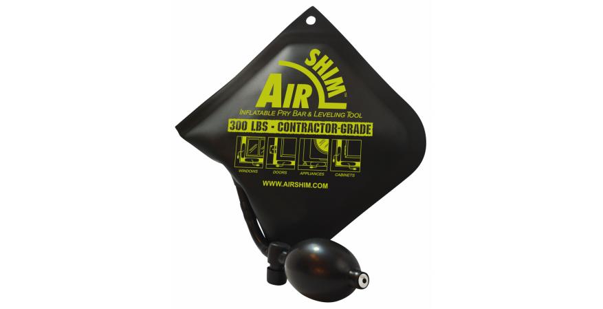 The AirShim inflatable bag provides an extra hand for installers, allowing them to position and hold items up to 300 pounds and span gaps from 3/32 inch to 2-1/2 inches. The unit operates via a squeeze pump and bleeder valve for precise alignments.