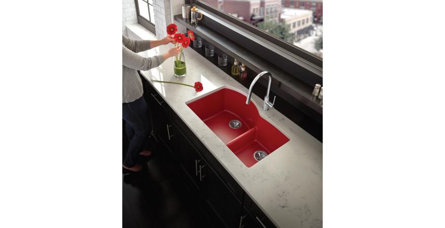 Elkay Manufacturing has created a Quartz Luxe collection within its Elkay Quartz brand and has added six new colors and 16 models. Red sink.
