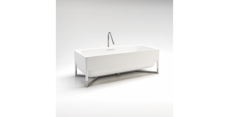 Stainless steel feet support Hastings Tile & Bath’s Tubes tub, adding interest and a feeling of levity. Italian-made of white cast resin with a matte finish, the freestanding tub has a center drain and measures almost 71 inches long, 3-1/2 inches wide and 22-2/5 inches tall.