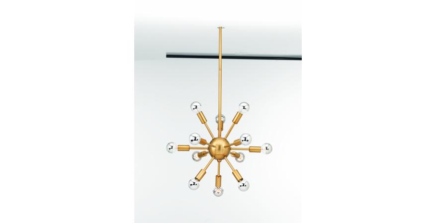 Ion is a Mid-Century Modern chandelier that was inspired by the space age. It can be configured with either 12 or 16 lights, and comes in polished nickel or brushed bronze.