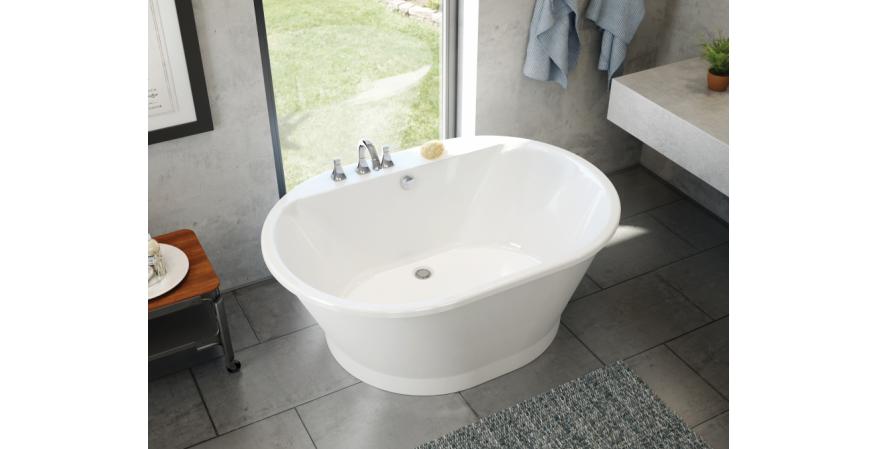 The Maax Professional line recently added Brioso, a white two-piece transitional-style tub available with a white, platinum grey, black, or ruby exterior. The tub comes in two sizes—60 inches by 42 inches and 66 inches by 36 inches—and can accommodate faucet installation on its deck