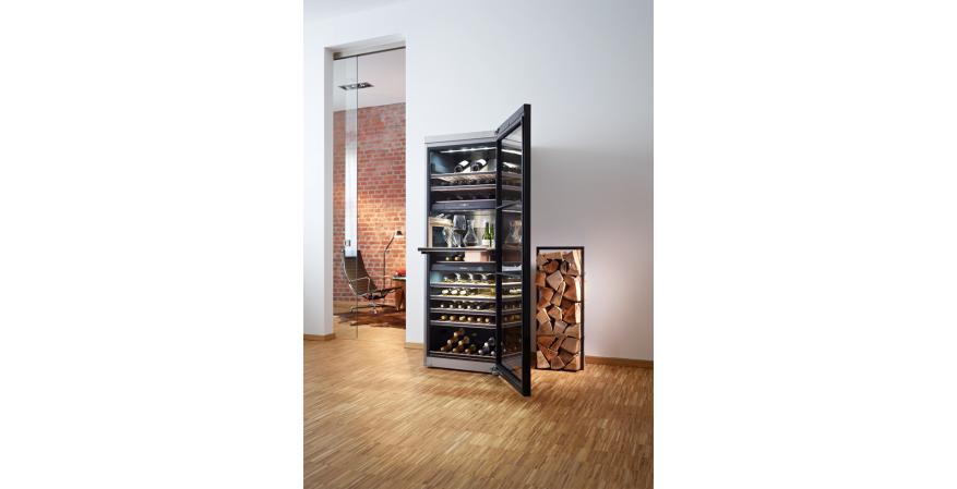 Miele’s freestanding wine refrigerator stores up to 178 bottles in three temperature zones and includes a Sommelier Set consisting of a glass holder, a ConvinoBox for keeping wine accessories, and space to display three prized wine bottles. Customizable storage racks accommodate different bottle sizes, and a Decanting Rack allows wine sediment to settle at the bottom before pouring.