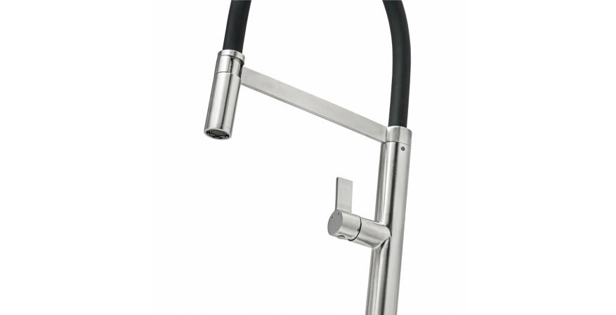 Made from stainless steel, the Ibiza faucet measures 20 inches tall with a spout reach of 9 inches. The flexible spout also pulls down to access the far corners of the sink. In jet black.