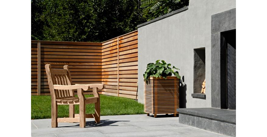 outdoor planters with a built-in sound system on an outdoor patio