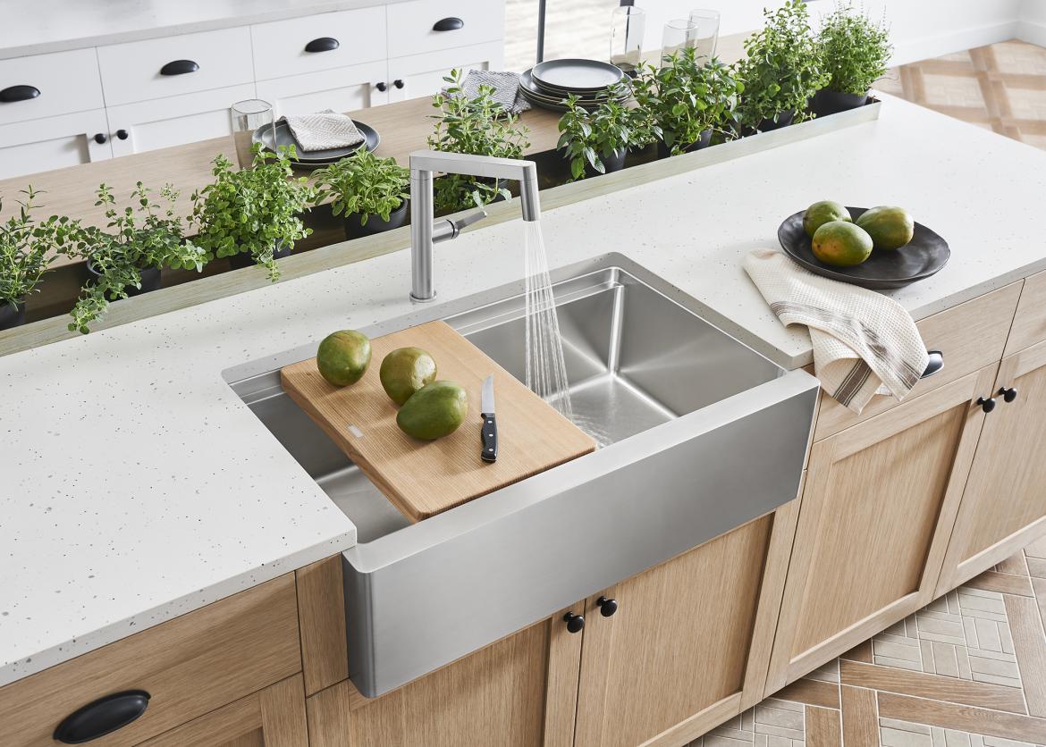 Blanco Quatrus R15 Ergon stainless steel Modern Farmhouse Sink wood cutting board