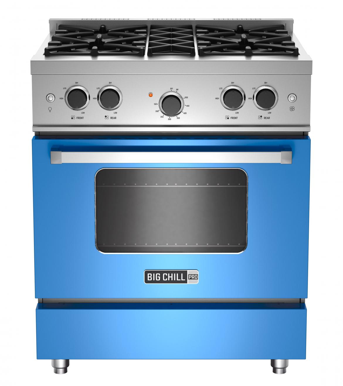The 30-inch Pro range offers clean lines and bold colors. It features four burners with up to 18,000 BTUs, continuous grates, and a large-capacity oven. It comes in a range of standard colors or 200 custom hues.