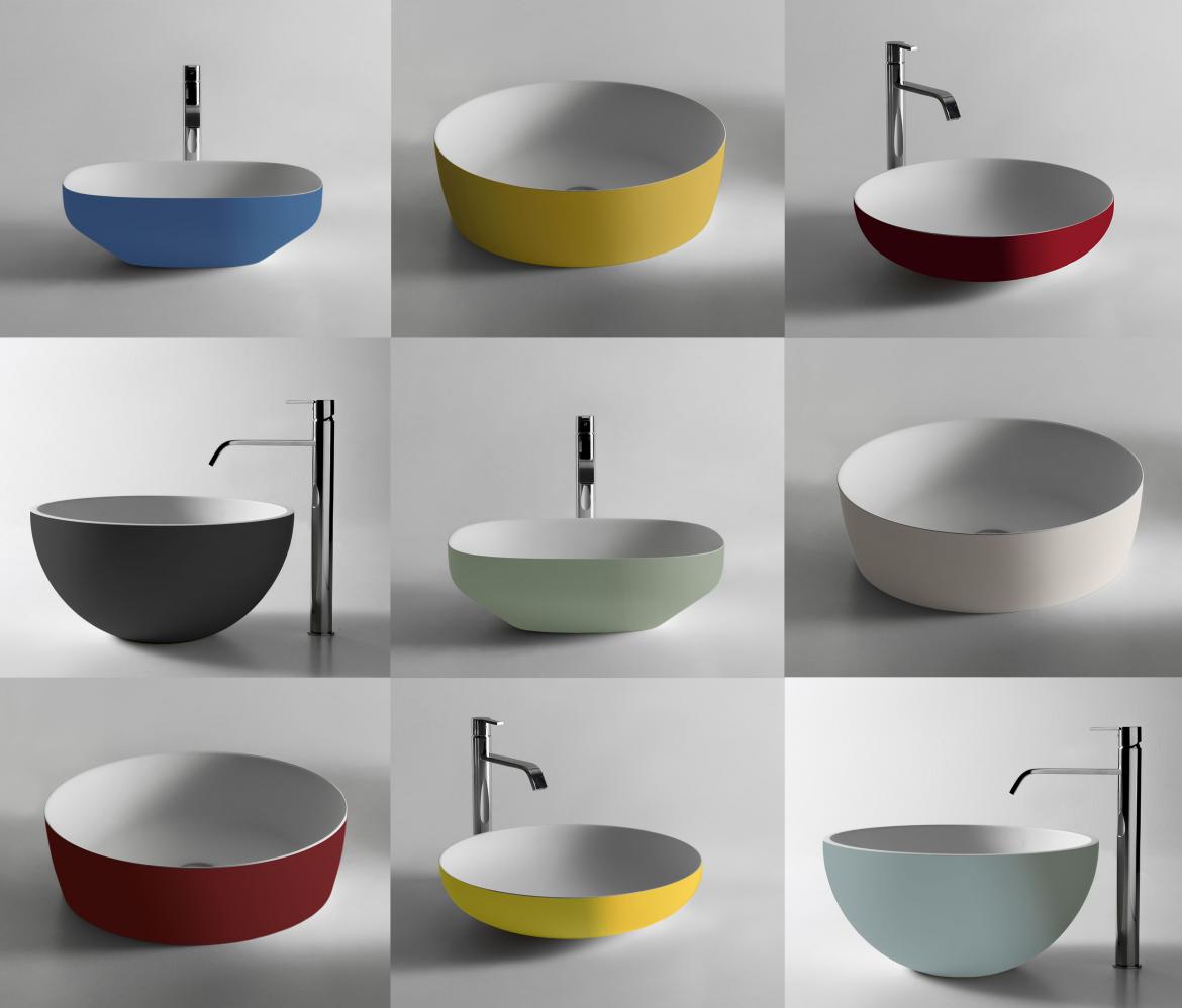Collage of Flumood, a new collection of top-mount solid surfacing sinks that come in 31 bold colors.