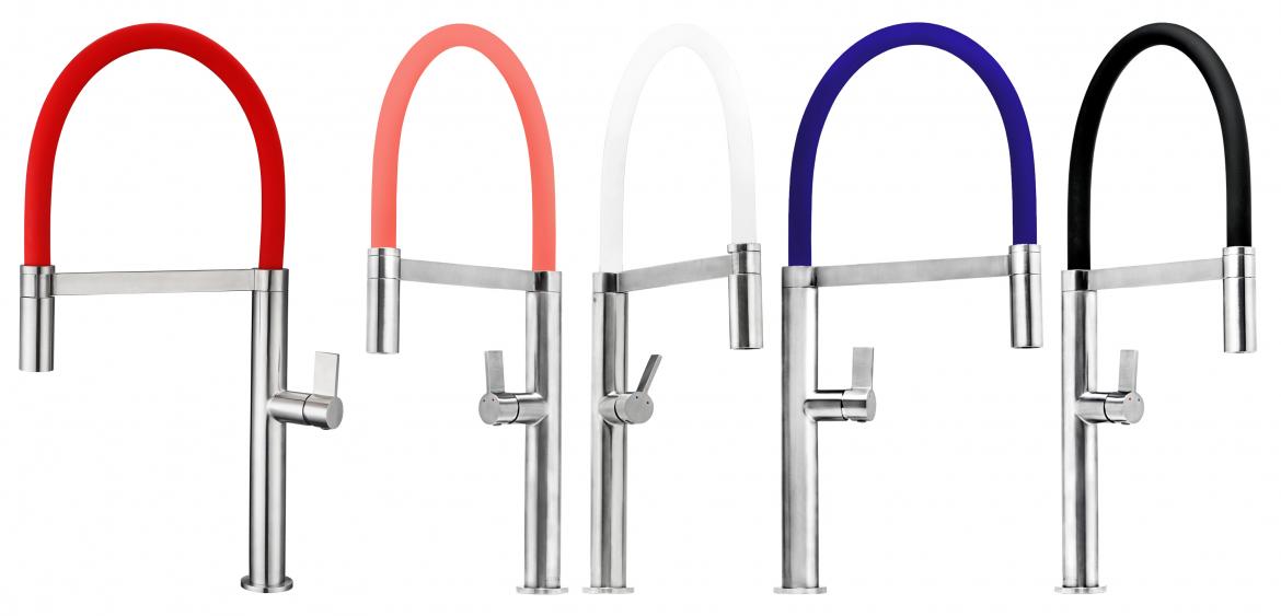 Made from stainless steel, the Ibiza faucet measures 20 inches tall with a spout reach of 9 inches. The flexible spout also pulls down to access the far corners of the sink. Available colors include pure white, jet black, ruby red, ocean blue, navy blue, and coral pink.