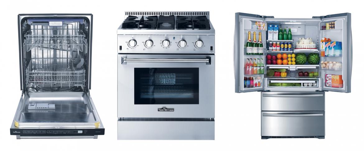 New Thor appliances, dishwasher, range, and fridge