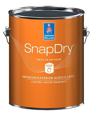 SnapDry door and trim paint from Sherwin-Williams in orange container