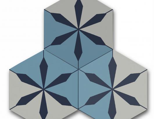 Blue and white hexagonal tiles from Clé Tile's Artist Cement Collection