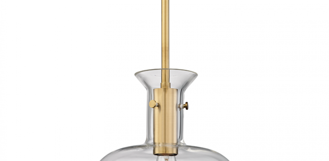 The Coffey features a thick glass shade that highlights a long candlecup. This transparency, the company says, makes the various layers visible. It comes in aged brass and polished nickel.