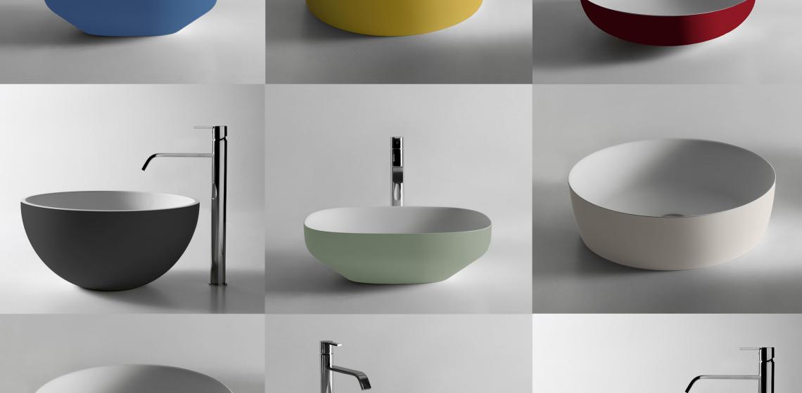 Collage of Flumood, a new collection of top-mount solid surfacing sinks that come in 31 bold colors.