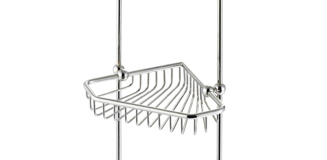 This three-tier corner basket offers easy access to bath essentials. Each unit features a hand-bent, polished frame that is soldered together. Available finishes include polished brass, chrome, and nickel. You may also customize the basket to any height.