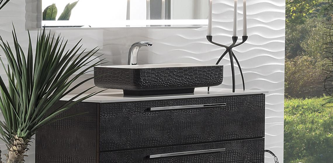 Topex Design has updated its recently introduced Armadi Art Acqua Collection with a new option that includes faux crocodile leather surfacing for the vanities and sinks.