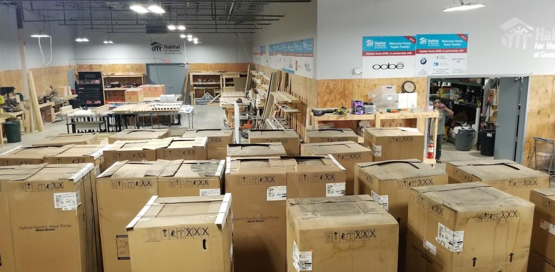 A.O. water heaters in boxes in warehouse 