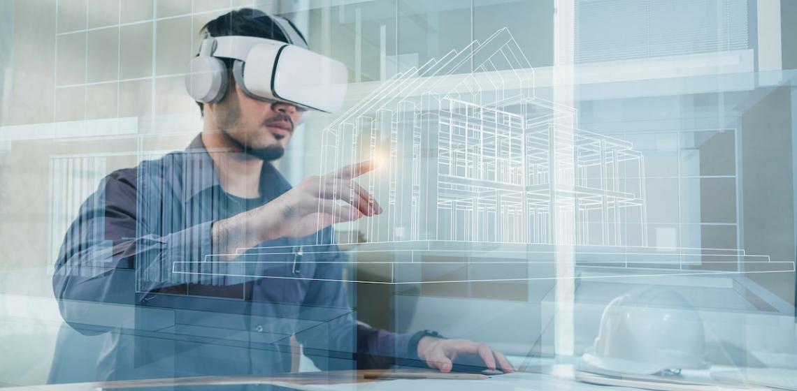 Person wearing virtual reality headset looking at building outline