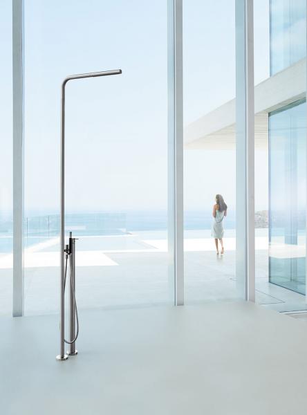 Vola FS3 Freestanding Showerpipe with handshower glass wall bathroom