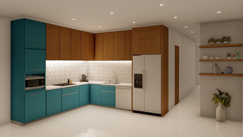 SYMBI Homes Duplex Project Rendering Kitchen Green Cabinets