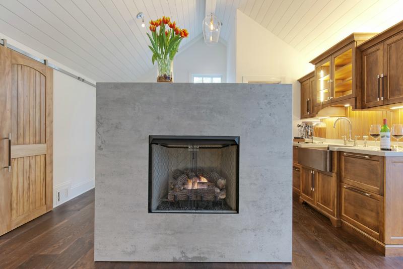 Custom gray stone fireplace